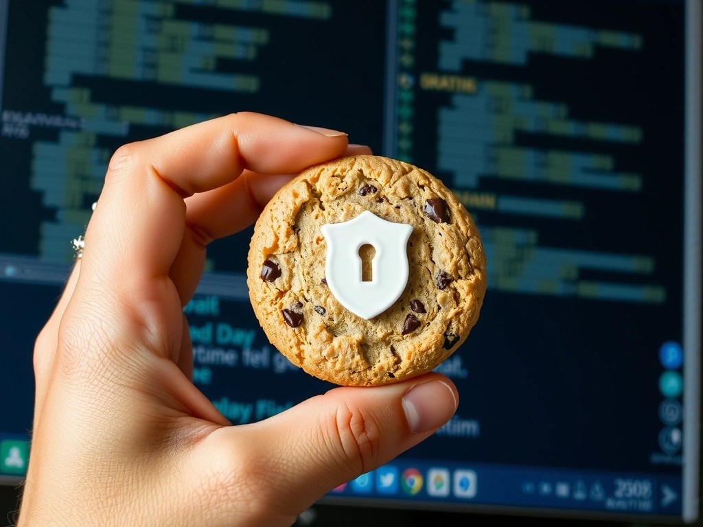 Ręka trzymająca ciasteczko z ikoną tarczy, symbolizującą ochronę danych i prywatność