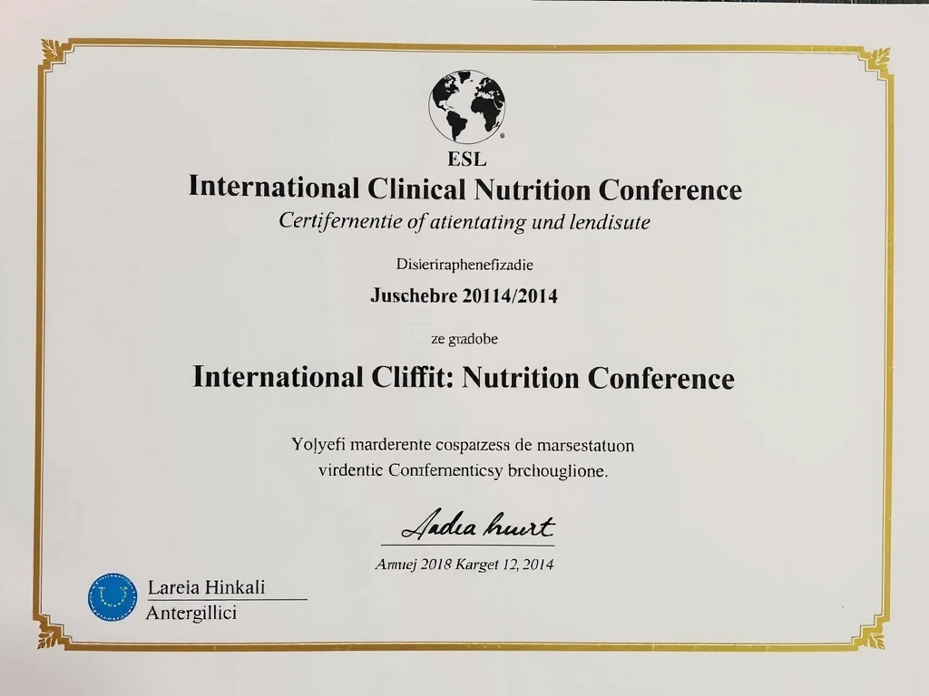 Certyfikat uczestnictwa w międzynarodowej konferencji poświęconej najnowszym trendom w dietetyce klinicznej