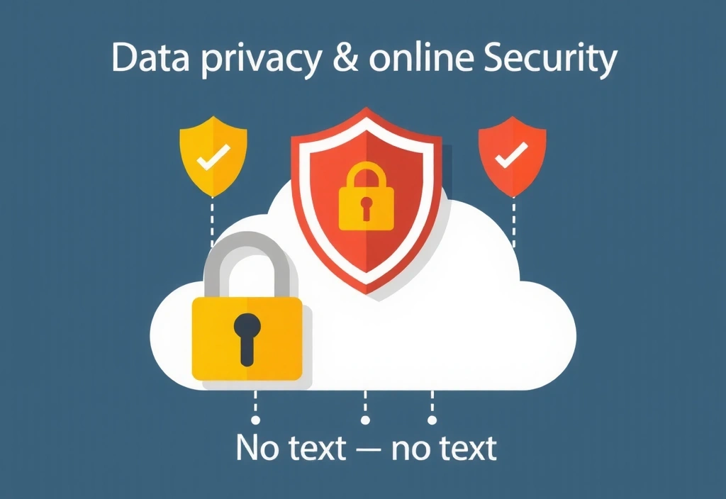 Ilustracja przedstawiająca prywatność danych i bezpieczeństwo online, z ikonami kłódki i tarczy ochronnej w otoczeniu chmury danych.