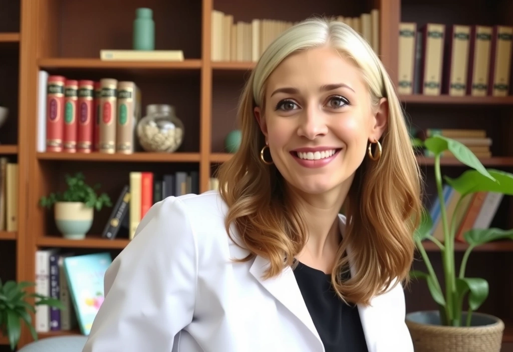 Portret uśmiechniętego dietetyka w profesjonalnym, ale ciepłym otoczeniu, z książkami o zdrowym odżywianiu w tle.